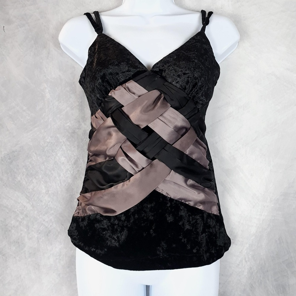 Vintage Y2K Tank Top Womens Small Black Velvet Colorblock Strappy Whimsy Goth